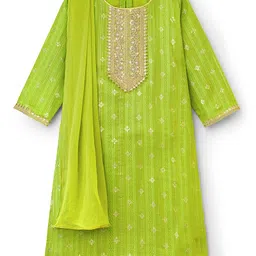 EARTHY TOUCH Cotton Woven Three Fourth Sleeves Kurta Churidar & Dupatta Set With Sequin Detailing & Embriodery - Light Green image 2