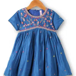 Babyhug Cotton Woven Half Sleeves Kurti Gharara Set with Dupatta & Floral Embroidery with Lace Detailing - Blue & Pink image 2