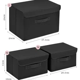House of Quirk 3 Pack Foldable Storage Bin with Lid and Handle Versatile Storage Baskets Boxes for Toys Clothes Papers Books - Black image 2