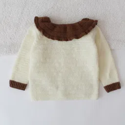Woonie Hand Knitted Full Sleeves Self Designed Peter Pan Collared Sweater - Cream image 3