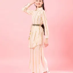 Pspeaches Full Sleeves Lurex  Striped & Tassel Detailed Palazzo Set - Off White image 4