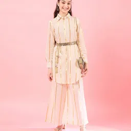 Pspeaches Full Sleeves Lurex  Striped & Tassel Detailed Palazzo Set - Off White image 5