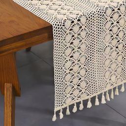 Alexvyan Boho Beige Textured Pure Cotton Table Runner With Tassels-picture-4