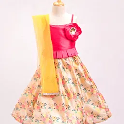 Saka Designs Sleeveless Choli & Lehenga Set with Golden Border Dupatta Floral Applique & Print - Magenta Peach-picture-10