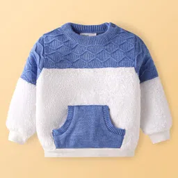 Babyoye Knit Full Sleeves Sweater with Kangaroo Pockets - Blue & White-image-17