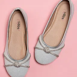 Toothless Checked Glitter Designed & Rhinestones Embellished Ballerinas - Silver-picture-14