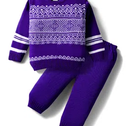 Babyhug Knit Full Sleeves Sweater Set with Fair Isle Design - Purple-picture-12