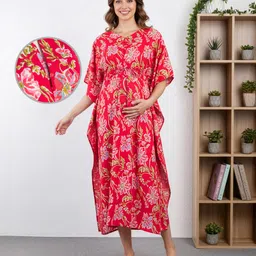 Bella Mama Cotton Woven Half Sleeves Maternity Kaftan Nighty with Floral Print - Red-picture-36
