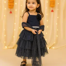 KIDSDEW Net Woven Sleeveless Floral Applique & Shimmer Layered Lehenga Choli With Dupatta Set - Navy Blue-picture-25
