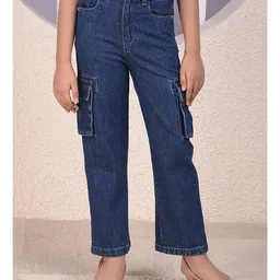 CRIMSOUNE CLUB Cotton Denim Solid Cargo Jeans - Blue-image-51
