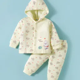 Tango Knit Full Sleeves Hooded Winter Wear Co-ords Night Suit With Bunny Print - Lemon-picture-26