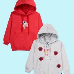 Kiddopanti Fleece Knit Pack of 2 Full Sleeves Birds Embroidered Floral Patch Detailed Light Winter Hoodies - Coral & Grey Melange-picture-20