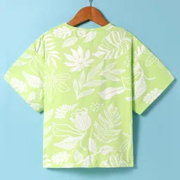 Little Kangaroos Cotton Knit Drop Shoulder Sleeve Top with Leaf Print - Light Green image 2