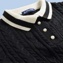 Pine Kids Knit Full Sleeves Woollen Dress With Cable Knit Design - Black & White image 3