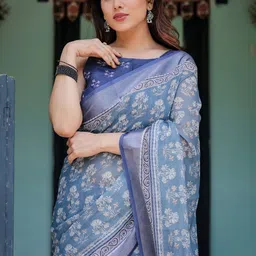 ALMAARI FASHION Floral Printed Pure Linen Banarasi Saree image 2