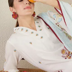 Indo Era Floral Embroidered Thread Work Pure Cotton Kurta With Trouser & Dupatta image 4