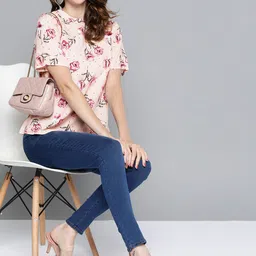 HERE&NOW Pink & Green Floral Printed Regular Top image 1