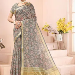 ZAMUNA Floral Printed Zari Tissue Tussar Saree-picture-31