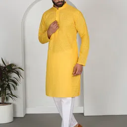 KRAFT INDIA Men Ethnic Motifs Embroidered Regular Chikankari Kurta with Pyjamas image 5
