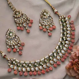 Anouk Peach Coloured Gold-Plated Kundan-Studded & Beaded Jewellery Set image 2