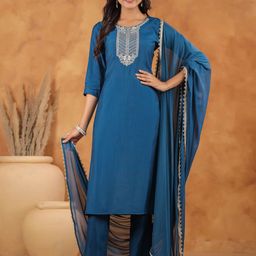 Janasya Women Floral Yoke Design Regular Sequinned Kurta with Trousers & With Dupatta-picture-32