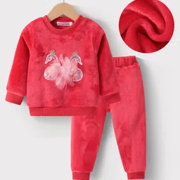 Kookie Kids Full Sleeves Top & Lounge Pants Set With Sequins & Floral Applique Solid Color - Red-picture-27
