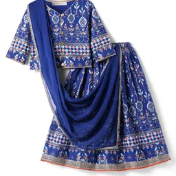 EARTHY TOUCH Single Jersey Knit Three Fourth Sleeves Lehenga Choli Set With Floral Foil Print Lace Detailing & Dupatta - Royal Blue & Gold image 1
