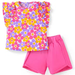 Babyhug Single Jersey Knit Frill Sleeves Top & Shorts Set With Floral Print & Bow Applique - White & Dark Pink-picture-26