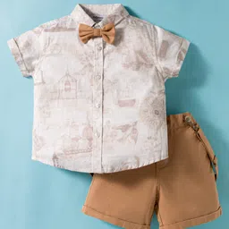 ToffyHouse Cotton Woven Half Sleeves Printed Shirt & Shorts Set with Bow & Suspender - White & Beige-picture-32