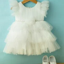 Bluebell Net Woven Sleeveless Party Frock With Floral Applique & Booties - White-picture-20