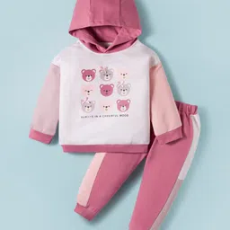 ToffyHouse Woven Full Sleeves Hooded T-Shirt & Lounge Pant Set With Teddy Bear Print & Bow Applique - Pink-picture-20