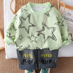 Googo Gaaga Cotton Knit Full Sleeves Stars Printed Light Winter Sweatshirt With Jeans Set - Green-image-92