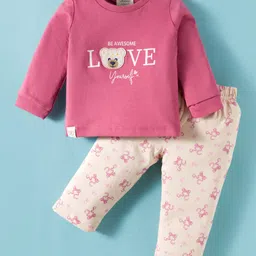 Ollypop Interlock Knit Full Sleeves T-Shirt and Lounge Pant Set With Teddy Patch & Love Text Print - Pink-picture-11