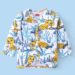 Babyhug 100% Cotton Knit Full Sleeves Antibacterial Striped Front Open Vest Cub Print Pack of 3 - White Yellow & Blue image 2