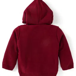 Babyhug Knitted Full Sleeves Front Open Hooded Sweater With Bear Embroidery - Dark Red image 2