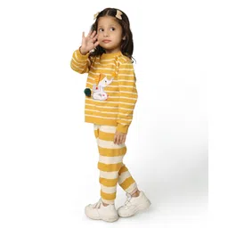kids of greendeer Greendeer 100% Cotton Full Sleeves Elephant Embroidered & Striped Sweater Set - Mustard image 3