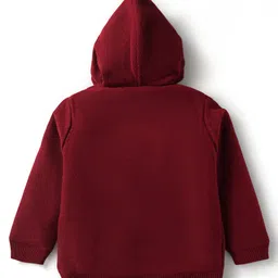 Babyhug Knit Full Sleeves Hooded Front Open Sweater with Bear Patch - Dark Red image 2