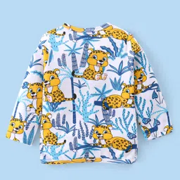 Babyhug 100% Cotton Knit Full Sleeves Antibacterial Striped Front Open Vest Cub Print Pack of 3 - White Yellow & Blue image 3