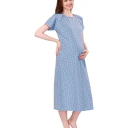 Piu Cotton Half Sleeves Hearts Printed Nighty With Nursing Access - Blue image 4