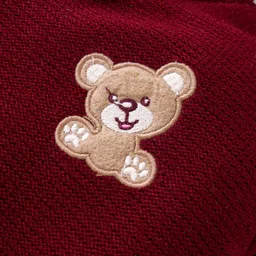 Babyhug Knitted Full Sleeves Front Open Hooded Sweater With Bear Embroidery - Dark Red image 3