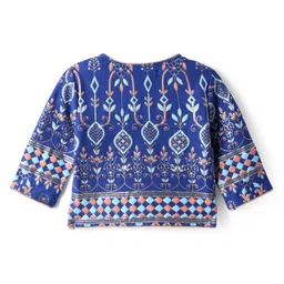 EARTHY TOUCH Single Jersey Knit Three Fourth Sleeves Lehenga Choli Set With Floral Foil Print Lace Detailing & Dupatta - Royal Blue & Gold image 3