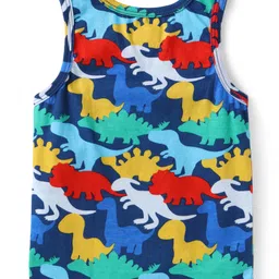 Babyhug 100% Cotton Knit Sleeveless Sandos with Stripes & Dino Print Pack of 2 - Navy Blue image 3