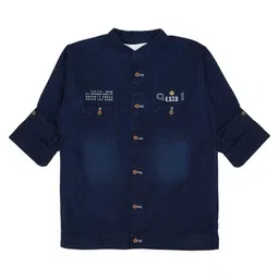 CAVIO Full Sleeves Text Embroidered Shirt With Earth Printed Tee - Navy Blue image 5
