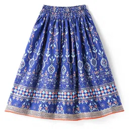 EARTHY TOUCH Single Jersey Knit Three Fourth Sleeves Lehenga Choli Set With Floral Foil Print Lace Detailing & Dupatta - Royal Blue & Gold image 4