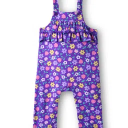 Babyhug Single Jersey Knit Floral Printed Dungaree with Full Sleeves Inner Tee - Pink & Purple image 4