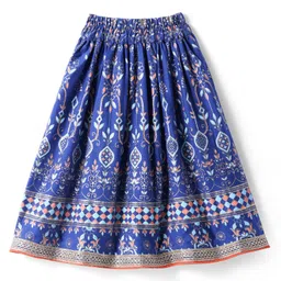 EARTHY TOUCH Single Jersey Knit Three Fourth Sleeves Lehenga Choli Set With Floral Foil Print Lace Detailing & Dupatta - Royal Blue & Gold image 5