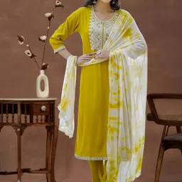 Mokshielite Floral Embroidered Round Neck Thread Work Cotton Kurta With Trousers & Dupatta-image-1