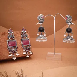DIVASTRI Set Of 2 Silver-Plated Artificial Stones Studded Square Shaped Drop Earrings image 4