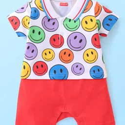 Babyhug 100% Cotton Knit Half Sleeves Romper Smiley Print - Red-picture-22
