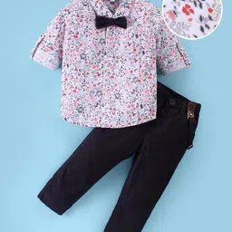 Mark & Mia Full Sleeves Floral Printed Shirt & Trouser Set with Bow & Suspender - White & Black-picture-33